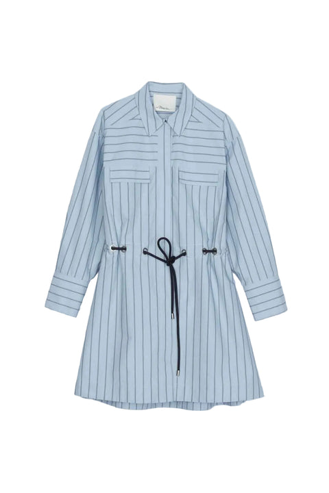 Light blue striped shirt dress with navy rope belt at waist on a white background