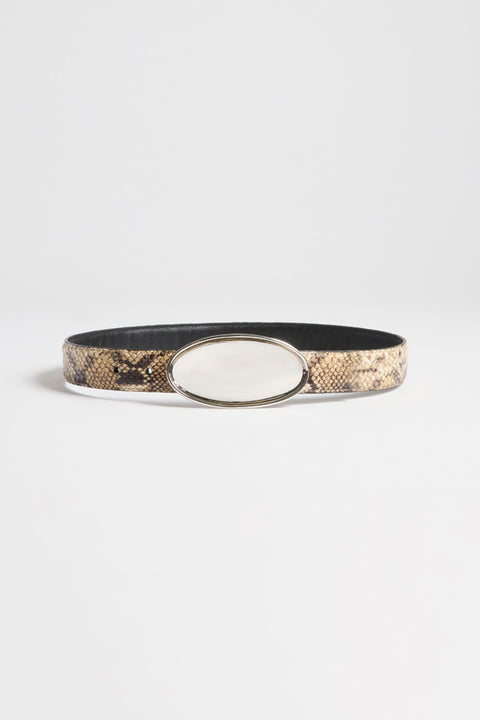Python belt with silver oval plaque buckle.