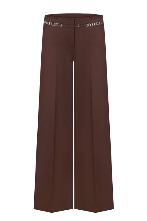 Front side of brown wide-leg pants with a silver chain belt on a white background