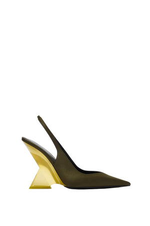 High-heeled shoe with a yellow heel on a white background