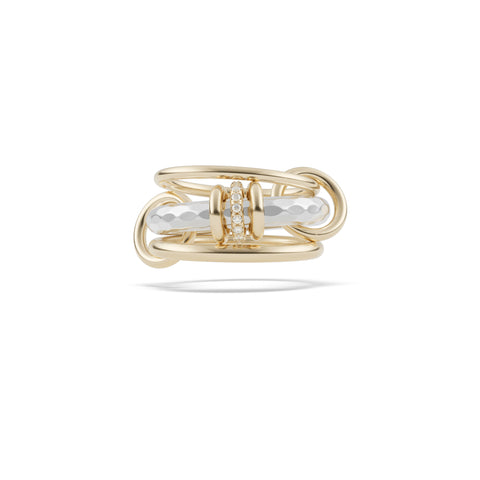 Ghost image of a Spinelli Kilcollin Gemini ring that features a 1.7mm yellow gold band, a 3.8mm sterling silver textured band with two yellow gold annulets and one yellow gold annulet pave with diamonds, and a 2.3mm yellow gold band, connected by two yellow gold connectors.