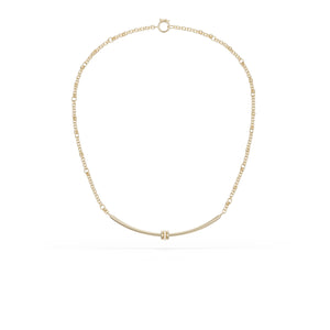 Ghost image of a yellow gold chain necklace that features a yellow gold arced bar with three yellow gold annulets, one pave with diamonds.
