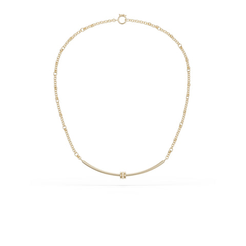 Ghost image of a yellow gold chain necklace that features a yellow gold arced bar with three yellow gold annulets, one pave with diamonds.