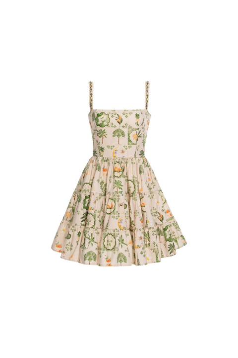 Linen mini dress with square neck line, spaghetti strap and tiered skirt in a tropical print.