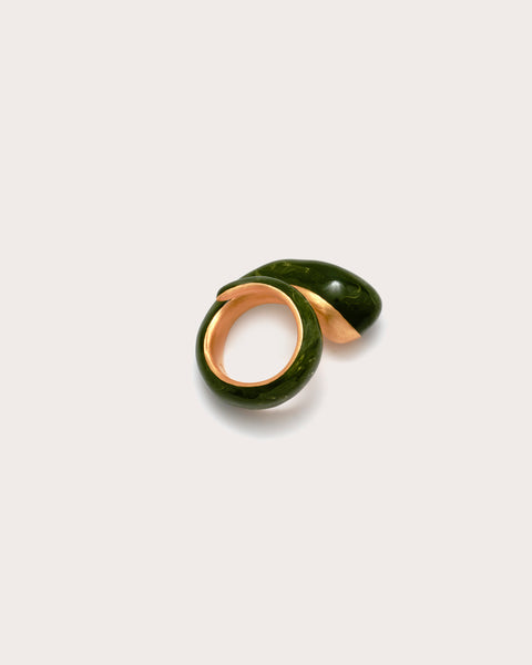 Green ring with gold accents on a light gray background