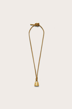 A brown satin adjustable corded necklace with an abstract gold-toned lock pendant.