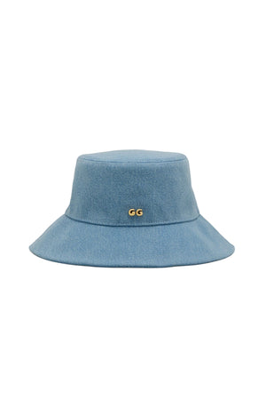 Blue bucket hat with 'GG' logo on a light gray background