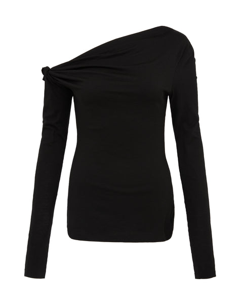 Black one-shoulder long-sleeve top on a white background