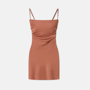 Ghost image of the merva satin slip mini dress with one braided strap in dark blush pink.