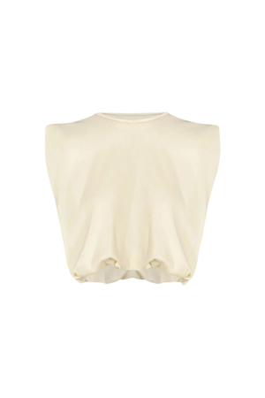 A cream-colored sleeveless top with a wide, draped silhouette and a crew neckline, shown against a plain white background.