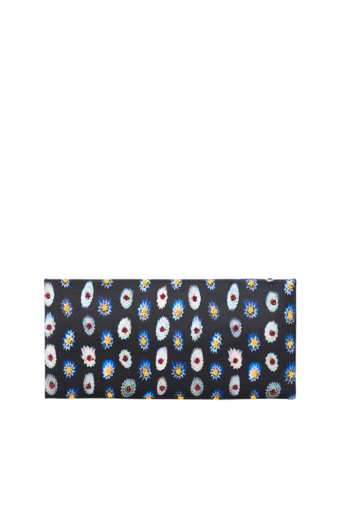 A rectangular clutch with a black background and an all-over colorful floral print, shown against a plain white background.