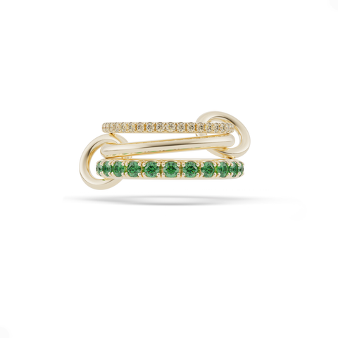 Ghost image of a Spinelli Kilcollin Norah ring that features a 1.7mm yellow gold band pave with diamonds, a 2.3mm yellow gold band, and a 2.8mm yellow gold band pave with emeralds, connected by two yellow gold connectors.