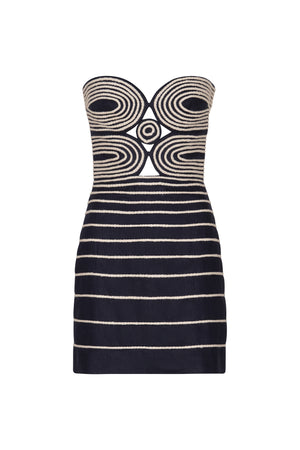 Strapless mini dress in navy with sweetheart neckline and white embroidery.