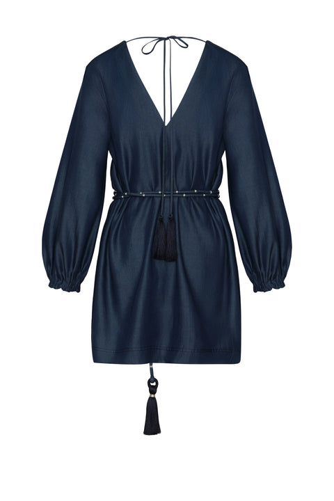 Back of blue mini dress with rope belt and long sleeves.