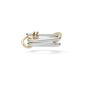 Ghost image of a Spinelli Kilcollin Raneth ring that features a 1.7mm sterling silver band with two 18k yellow gold annulets, and two 2.3mm sterling silver bands, all connected by two 18k yellow gold connectors.