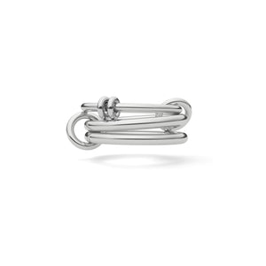 Ghost image of a Spinelli Kilcollin Raneth ring that features one 1.7mm sterling silver band with two sterling silver annulets, and two 2.3mm sterling silver band, all connected by two sterling silver connectors.