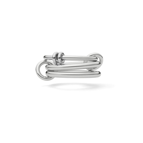 Ghost image of a Spinelli Kilcollin Raneth ring that features one 1.7mm sterling silver band with two sterling silver annulets, and two 2.3mm sterling silver band, all connected by two sterling silver connectors.
