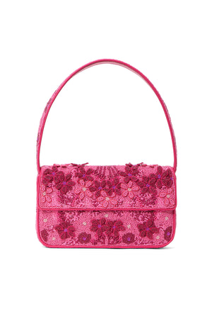 Two-toned, hot pink beaded shoulder bag that features intricate floral designs and appliques.