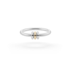 Ghost image of a Spinelli Kilcollin Sirius ring that features a 2.3mm sterling silver band with two sterling silver annulets and one 18k yellow gold annulet.