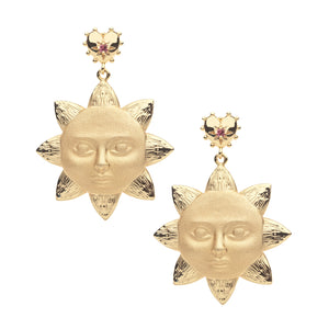 Pair of sun face drop earrings with matte face and shiny rays with pink tourmaline accented heart topper.