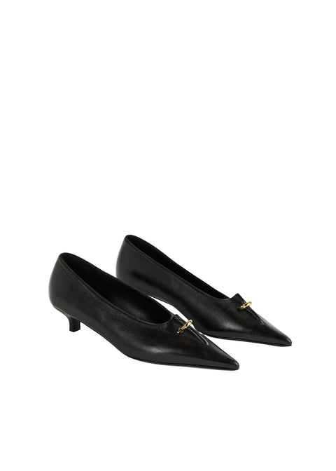 A pair of black pointed-toe kitten heels with a small gold metal accent on the vamp, displayed on a clean white background.