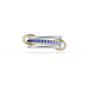Ghost image of a Spinelli Kilcollin linked ring that features two thin sterling silver rings connected to a sterling silver ring that is paved with ombre light to dark blue sapphires, connected with to 18k yellow gold connector rings.