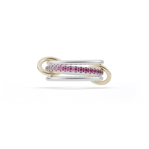Ghost image of a Spinelli Kilcollin Tigris ring that features two 1.7mm sterling silver bands and one 2.3mm sterling silver band pave with ombre pink sapphires, connected by two 18k yellow gold connectors.