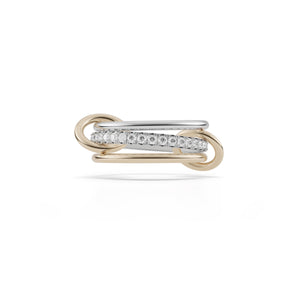 Ghost image of a Spinelli Kilcollin Tigris ring that features two 1.mm sterling silver bands, one with pave white diamonds, and a 1.7mm 18k yellow gold band, all connected by two 18k yellow gold connectors.
