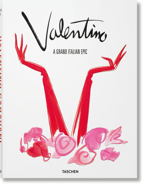 Front cover of a coffee table book that reads "Valentino: A Grand Italian Epic" with a drawing of red hands an pink flowers.