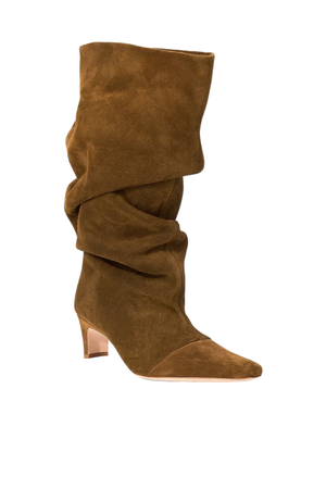 A single mid-calf boot in brown suede with a draped, slouchy design, pointed toe, and block heel, shown against a plain white background.