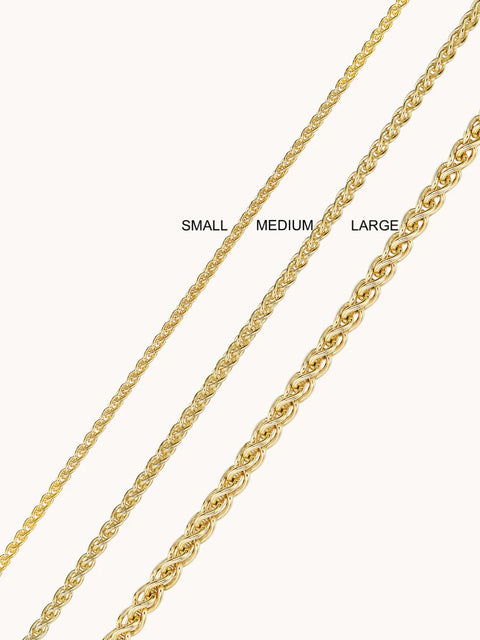 Up close of small, medium and large wheat chains.