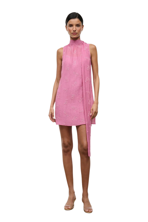 A woman wearing a pink high neck mini dress with beaded embellishments