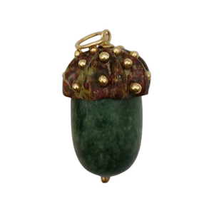 Green acorn-shaped pendant with gold accents on a white background