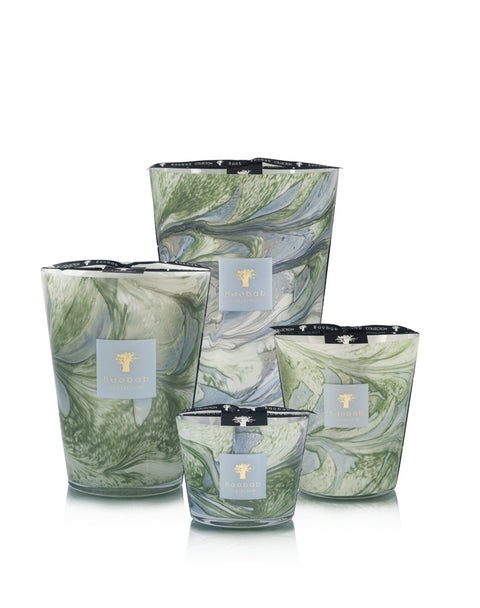 Set of four green and blue marbled candles