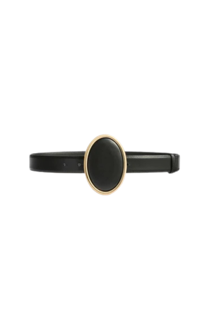 A black wide belt with a black oval and gold hardware buckle