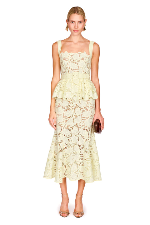 Yellow Lace Peplum Midi Dress
