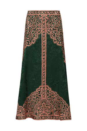 A green and salmon patterned ankle-length a-line skirt