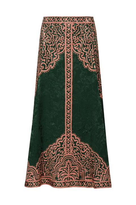 A green and salmon patterned ankle-length a-line skirt