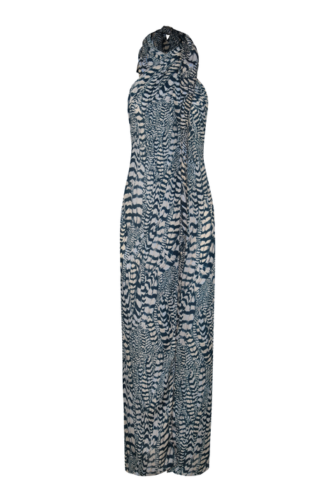 A silk, navy and cream patterned halter-neck maxi top