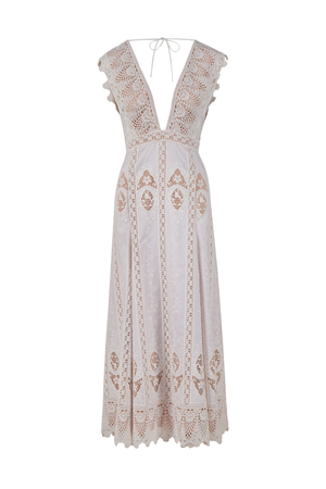 A white embroidered voile ankle dress with a deep v neckline and tie back