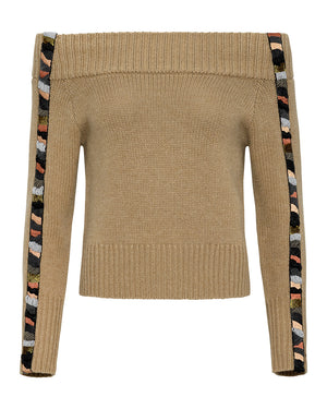 Brown sweater with colorful embroidered striped stripes on the sleeves on a white background