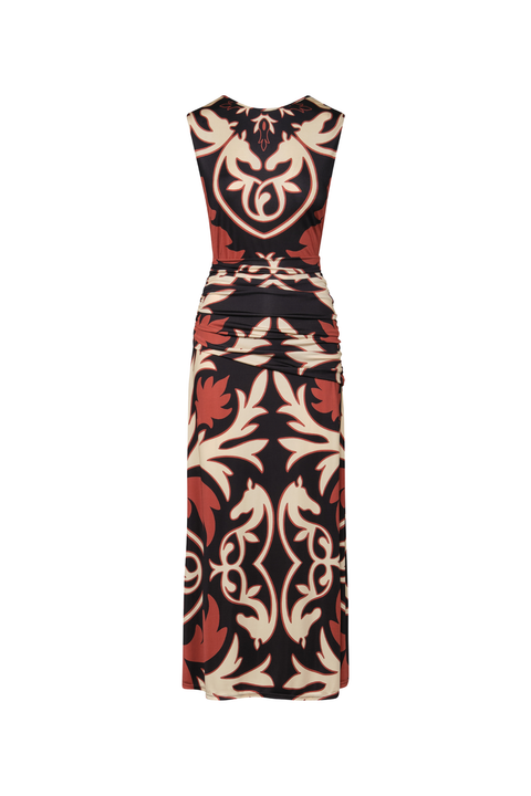 A black, cream, and red patterned midi dress with a reversible deep v or boat neckline
