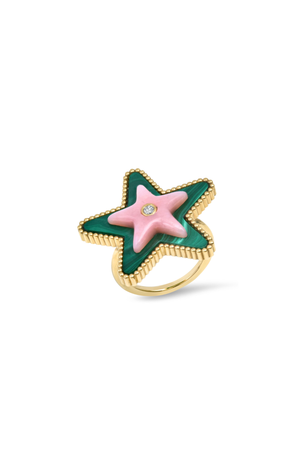 Mega Star Power Malachite, Pink Opal And Diamond Star Ring