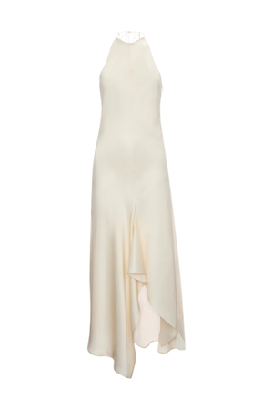 An off-white, cream-colored high-neck sleeveless maxi dress with a draped asymmetrical hem, displayed on a mannequin against a plain white background.