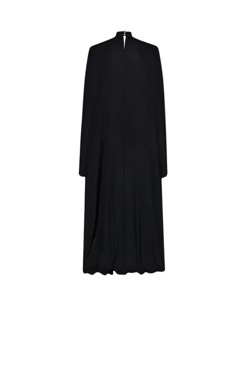 A black long-sleeve maxi dress with a mock neck, displayed on a plain white background.