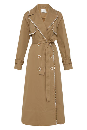 Ghost image of Aje constellation pearl trim coat in taupe grey
