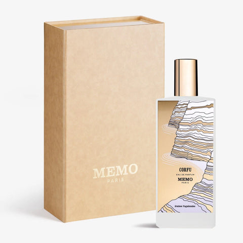 The Corfu Memo Perfume bottle with the box it comes packaged in.