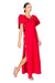 Model walking to the right showing the side slits on the heart long dress.