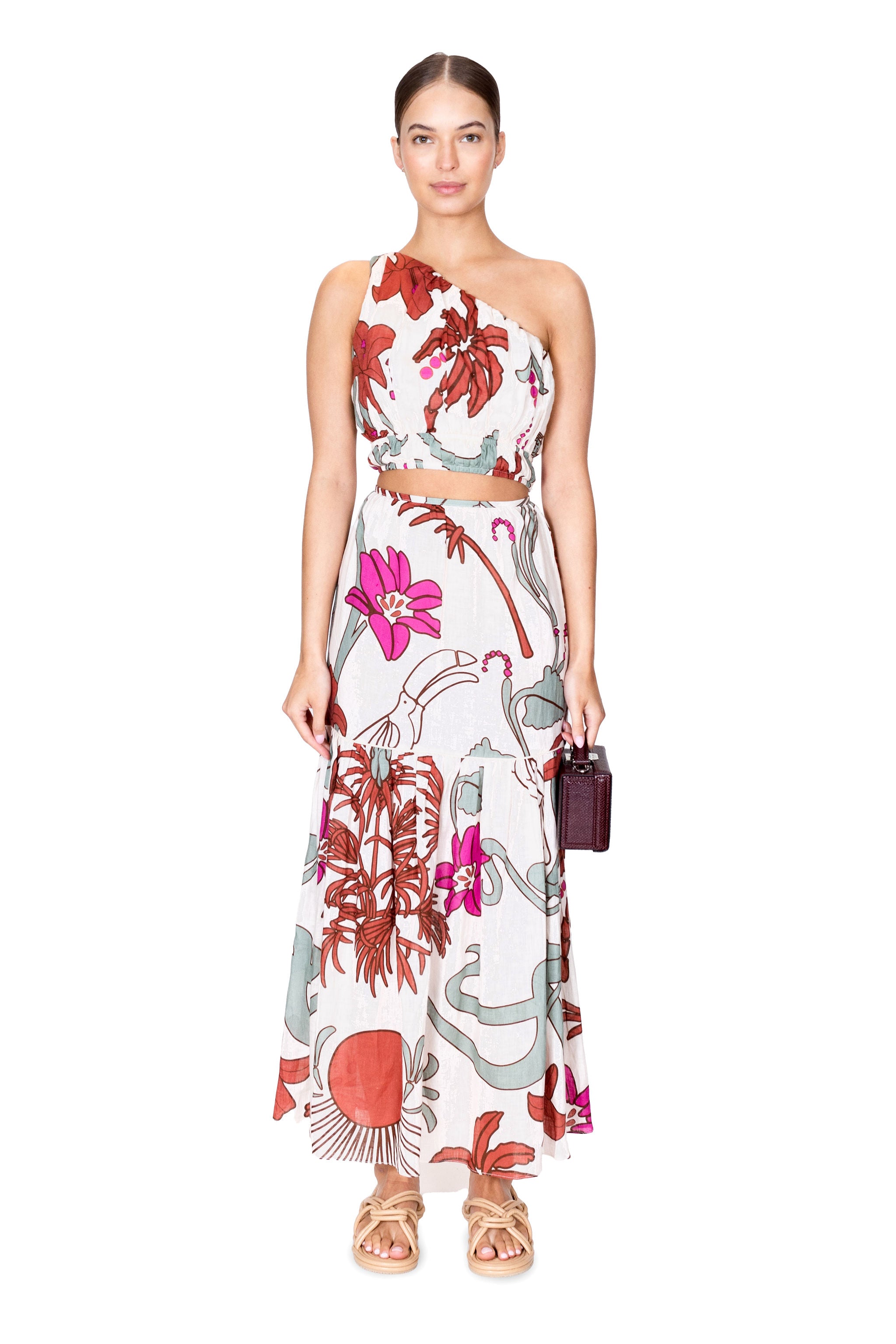 Model wearing the ornella maxi linen skirt with floral print