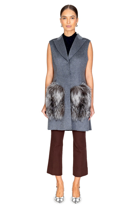 Double-Faced Wool Vest W/ Fox Fur Hem Trim